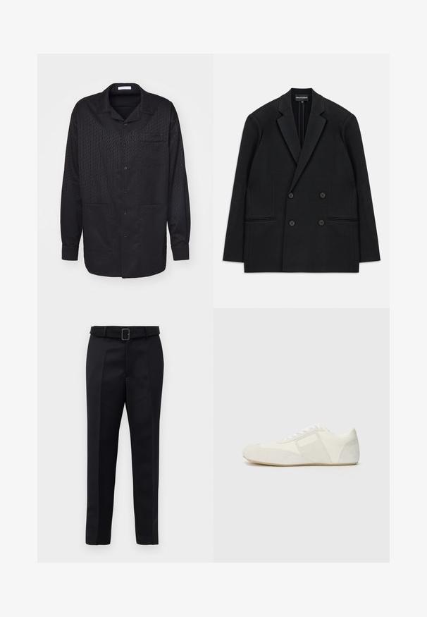 Schwarzer, doppelt geknöpfter Blazer mit geflammten Revers, vier Knöpfen und zwei vorderen Paspeltaschen, flach auf einem weißen Hintergrund ausgelegt.; Schwarzes Hemd mit Knöpfen, einem subtilen strukturierten Muster, langen Ärmeln, mit eingeschnittenem Kragen und einer Brusttasche. Weicher Stoff und klassisches Design.; Schwarze maßgeschneiderte Hosen aus glattem Stoff, mit geradem Schnitt und einem Bund mit rechteckiger Schnalle. Auffällige Frontfalten betonen das Design.; Weißer Sportschuh mit einem eleganten Design, ausgestattet mit einer Wildleder-Zehenkappe, Lederpaneelen und kontrastierenden strukturierten Akzenten. Flache Gummisohle.