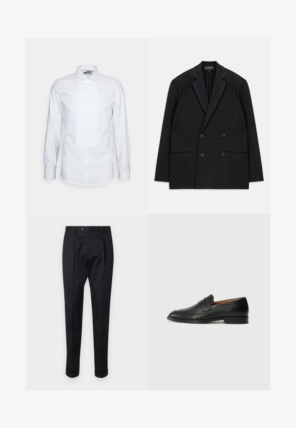 Svart dubbelknäppt Blazer med slagkrage, fyra knappar och två framfickor, utlagd platt på en vit bakgrund.; Vit långärmad skjorta i bomull. Har en plisserad framsida, spetsig krage och klassisk knäppning. Slät textur och skräddarsydd passform.; Svarta byxor i ett glatt tyg, med en veck fram, knappstängning och uppvikta nederkant vid anklarna.; Svart läderloafersko med rund tå, subtila sömnadsdetaljer och låg klack, med en jämn yta och minimalistisk design.