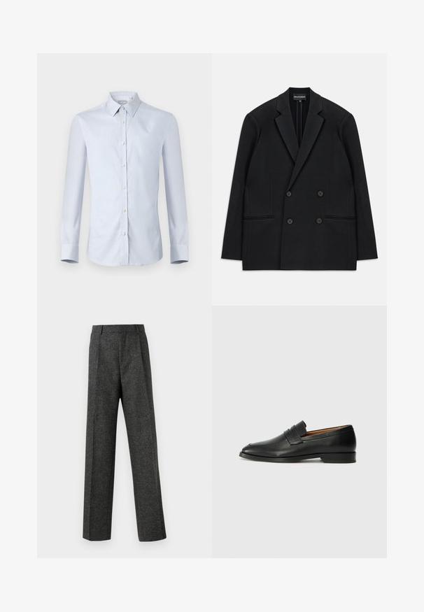 Černé dvouřadové sako s klopami, čtyřmi knoflíky a dvěma předními kapsami s lemem, položené na bílém pozadí.; Světle modrá košile s dlouhým rukávem a pevně tvarovaným límcem, s jemným mřížkovaným vzorem a bílými knoflíky na přední straně.; Šedé kalhoty na míru vyrobené z texturované tkaniny, s dvěma předními záhyby a rovnými nohavicemi. Bez viditelných kapes nebo ozdob.; Černé kožené mokasíny s kulatou špičkou, jemným prošíváním a nízkým podpatkem, s hladkým povrchem a minimalistickým designem.