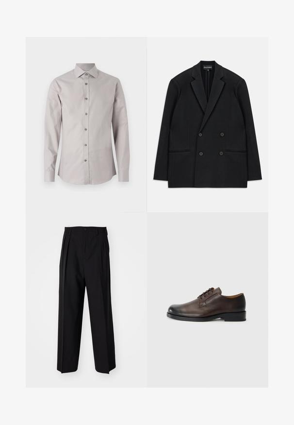 Zwarte dubbelzijdige blazer met reverskraag, vier knopen en twee voorzakken, vlak op een witte achtergrond gelegd.; Lichtgrijs overhemd met knoopsluiting, een klassieke kraag, lange mouwen en bijpassende grijze knopen. Gladde stof en een getailleerde pasvorm.; Zwarte geplooide broeken met een rechte, brede pijpontwerp. Gemaakt van soepele stof, met een knoopsluiting en riemlussen.; Bruine leren schoen met een ronde neus, lage hak, vetersluiting en een gladde textuur. Heeft minimale stiksels en een gepolijste afwerking.