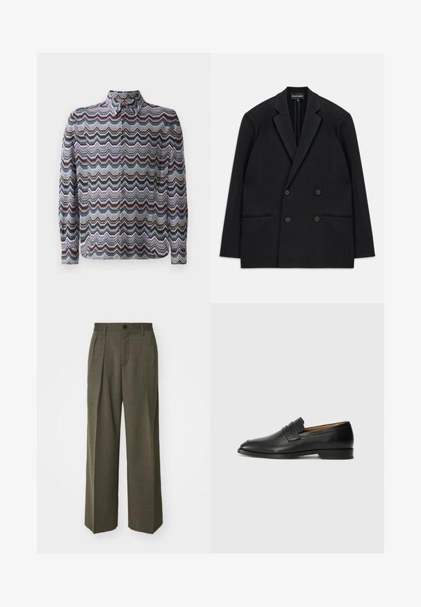 Mustrist kellega kahe nööbiga bleiser, millel on (š)lõhikogupist. Empooris on neli nööpi ja kaks eesmine ideide tasku, asetatud valge tausta peale.; Pikend käised särk, millel on sinine, roosa ja kreemivalge soonikujundus. Valmistatud kergest kangast ja varustatud nööbiga kaelusega.; Filippa K WIDE TROUSERS - Püksid - driftwood; Must musta loafers ümarate varvastega, peene tikandiga ja madala kontsaga, millel on sile tekstuur ja minimalistlik disain.