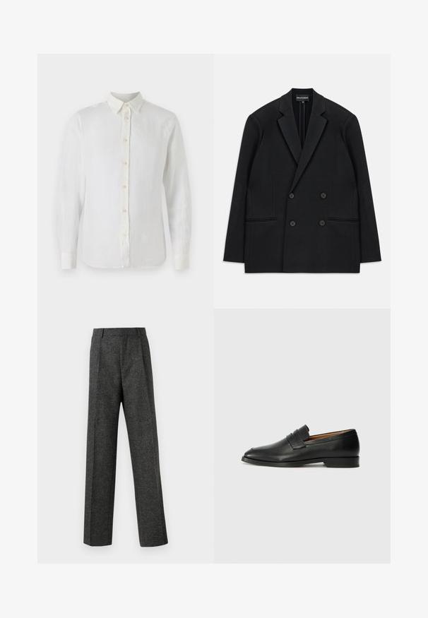 Black double-breasted blazer with notch lapels, four buttons, and two front welt pockets, laid flat on a white background.; White long-sleeve button-up shirt made from linen. Features a classic collar, front button closure, and cuffed sleeves. Smooth, light texture.; Gray tailored trousers made of textured fabric, featuring two front pleats and a straight-leg design. No visible pockets or embellishments.; Black leather loafer with a rounded toe, subtle stitched detailing, and a low heel, featuring a smooth texture and minimalist design.