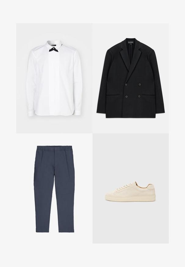 Zwarte dubbelzijdige blazer met reverskraag, vier knopen en twee voorzakken, vlak op een witte achtergrond gelegd.; Witte lange mouwen shirt met een zwarte vlinderdas, voorzien van een voorpijpen met verticale plooidetails voor textuur en visuele interesse.; Marineblauwe broek met een elastische tailleband, taps toelopende broekspijpen en zijzakken. Ruwe textuur zonder zichtbare patronen of hardware.; Beige suède sneaker met een low-top ontwerp, ronde neus, platte veters en een gestructureerde rubberen zool. Minimalistische stijl zonder zichtbare logo's.