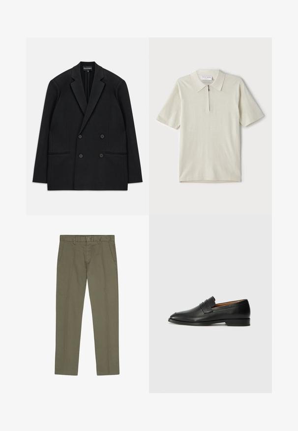 Black double-breasted blazer with notch lapels, four buttons, and two front welt pockets, laid flat on a white background.; Short-sleeve polo shirt in light beige with a zippered collar. Made of smooth fabric, features a simple, modern design without patterns.; NN.07 THEO - Chinos - capers; Black leather loafer with a rounded toe, subtle stitched detailing, and a low heel, featuring a smooth texture and minimalist design.