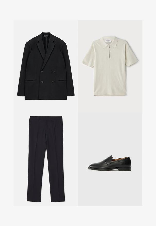Mustrist kellega kahe nööbiga bleiser, millel on (š)lõhikogupist. Empooris on neli nööpi ja kaks eesmine ideide tasku, asetatud valge tausta peale.; Lühikeste varrukatega polo särk heles beeži värviga, millel on tõmblukk kaeluses. Valmistatud siledast kangast, minimalistlik ja kaasaegne disain ilma mustriteta.; Mustad kohandatud püksid, mis on valmistatud sileda kangaga, tähistatud kahe küljetaskuga, sirge jala kujundusega ning ilma nähtavate mustrite või aktsentideta.; Must musta loafers ümarate varvastega, peene tikandiga ja madala kontsaga, millel on sile tekstuur ja minimalistlik disain.