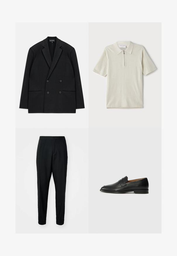 Black double-breasted blazer with notch lapels, four buttons, and two front welt pockets, laid flat on a white background.; Short-sleeve polo shirt in light beige with a zippered collar. Made of smooth fabric, features a simple, modern design without patterns.; Black tapered trousers with a smooth texture, elastic waistband, and cuffs. Features pleats at the front for a tailored look.; Black leather loafer with a rounded toe, subtle stitched detailing, and a low heel, featuring a smooth texture and minimalist design.