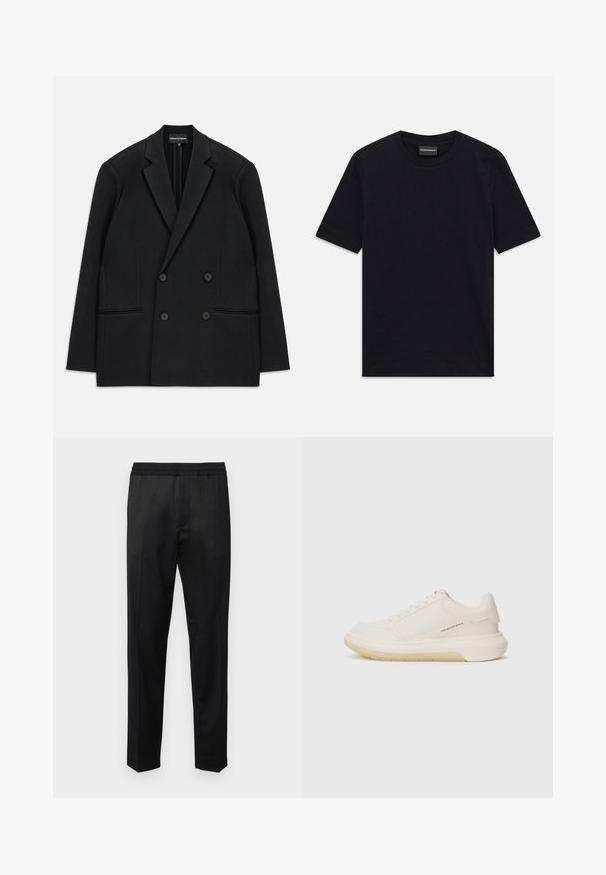 Črni dvoredni suknjič z odrezanimi klapnicami, štirimi gumbi in dvema sprednjima žepoma, razporejen na beli podlagi.; Črna kratka majica s kratkimi rokavi in okroglim izrezom z diskretnim embossanim vzorcem in oznako blagovne znamke znotraj ovratnika, razporejena na beli podlagi.; Filippa K RELAXED TROUSERS - Hlače - anthracite; Bela športna obutev z gladkim usnjem, okroglo konico in debelim gumijastim podplatom. Ima minimalne šive in diskretno logotipno podrobnost na strani.