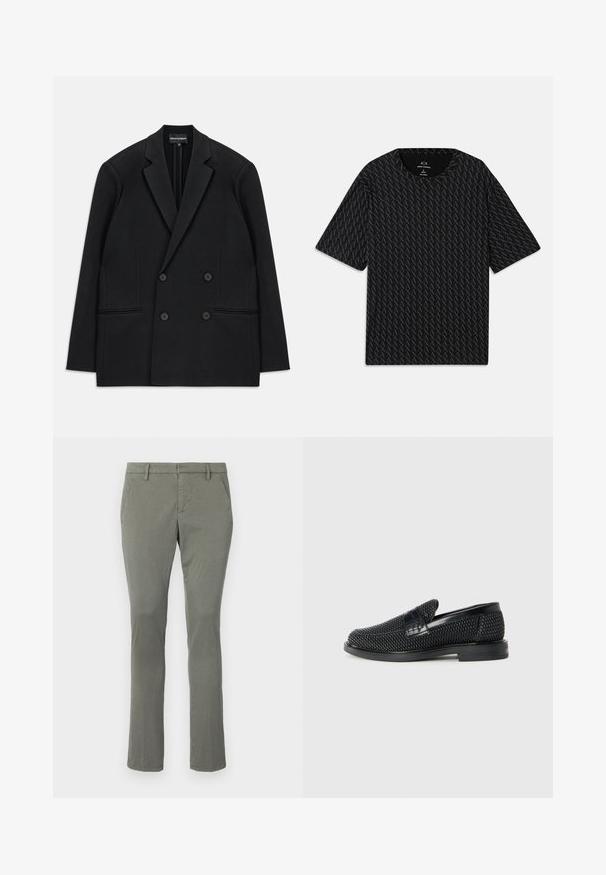 Mustrist kellega kahe nööbiga bleiser, millel on (š)lõhikogupist. Empooris on neli nööpi ja kaks eesmine ideide tasku, asetatud valge tausta peale.; Must mustläbiga T-särk, millel on tekstuurne muster vahelduvate 'A' logodega, lühikeste varrukatega ja ümar kaelus. Valmistatud kergest kangast.; Hallid hallid chinos sirge sääre disainiga, külgmiste taskutega ja puhta vöökohtadega. Valmistatud sujuvast ja kergest kangast.; Must musta kootud slip-on king, millel on pehme nahast accent ülaserval, ümmargune varvas ja madal profiiliga kummitald.