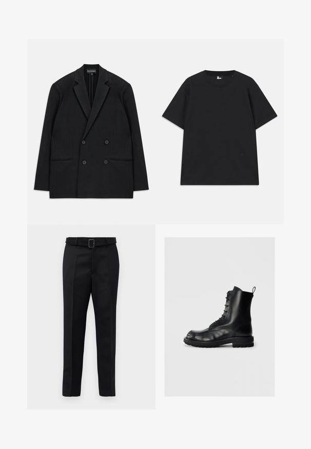 Juodas dvigubas švarkas su išpjautomis apykaklėmis, keturiais mygtukais ir dviem priekinių kišenių iškarpomis, padėtas ant balto fono.; Juoda trumpomis rankovėmis marškinėliai iš medvilnės, su apvalia iškirpte ir mažo logo detale šalia apatinės siūlės. Lygus paviršius, standartinė silueto forma.; Juodos pritaikytos kelnės turi lygią medžiagą, tiesų kirpimą ir diržą su stačiakampiu sagtimi. Išskirtiniai priekiniai raukšliai pagerina dizainą.; Juodas odinis aukštas botakas su storu padu ir užtrauktuku, ant paprasto šviesaus fono, šoninis vaizdas, rodantis kairįjį botaką.