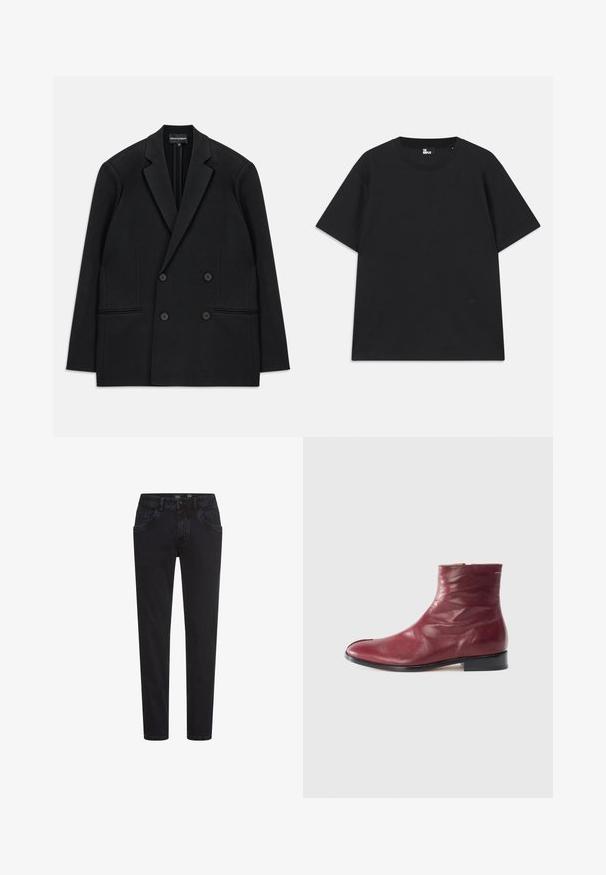 Czarny dwurzędowy żakiet z wyłogami, czterema guzikami i dwiema przednimi kieszeniami, położony na białym tle.; Czarna koszulka z krótkim rękawem wykonana z bawełny, z okrągłym dekoltem i małym detalem logo blisko dolnej krawędzi. Gładka faktura, standardowy krój.; Czarne dżinsy o slim fit, z przednimi kieszeniami, zamkiem błyskawicznym i gładką fakturą. Klasyczny pięciokieszeniowy fason, wszechstronny w codziennych stylizacjach.; Burgundowe skórzane botki sięgające kostki o gładkiej teksturze, z bocznym zamkiem błyskawicznym, okrągłym noskiem i niskim czarnym obcasem, z delikatnymi zmarszczkami i minimalnym przeszyciem.