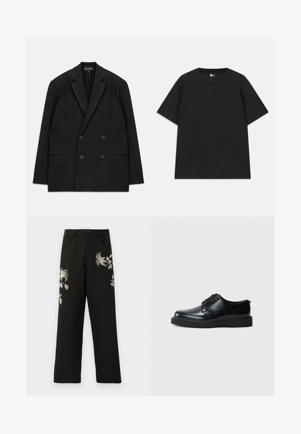 Blazer noir à double boutonnage avec revers à cran, quatre boutons et deux poches plaquées à l'avant, posé à plat sur un fond blanc.; T-shirt noir à manches courtes en coton, avec un col rond et un petit logo près de l'ourlet. Texture lisse, coupe régulière.; Pantalons larges noirs avec broderie florale dans des tons crème. Présente des poches avant et une fermeture à bouton, fabriqués en un textile lisse.; Chaussures à lacets en cuir noir avec un bout arrondi, une finition lisse et une semelle en caoutchouc noir texturée. Design minimaliste sans motifs visibles.