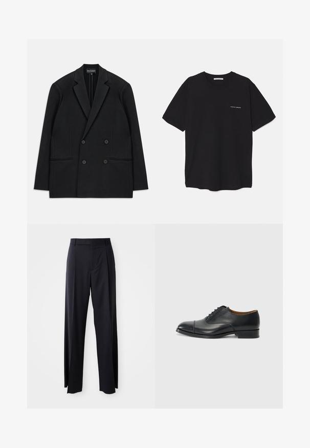 Black double-breasted blazer with notch lapels, four buttons, and two front welt pockets, laid flat on a white background.; Black cotton T-shirt with a crew neck, short sleeves, and a white logo print on the left chest. Simple, solid color design.; Black, high-waisted trousers with a wide-leg cut, made of smooth fabric. Features front pleats and belt loops. Minimalistic design, no visible hardware.; Black leather dress shoe with a smooth finish, rounded toe, five eyelets for laces, and low block heel. Minimalist design with subtle stitching.
