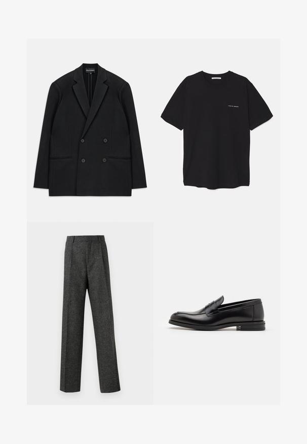 Crni dvoredni sako s reverima, četiri gumba i dvije prednje džepne čiste, položen ravno na bijeloj pozadini.; Crna pamučna majica s okruglim izrezom, kratkim rukavima i bijelim logotipom otisnutim na lijevoj strani prsnog koša. Jednostavan dizajn u jednoj boji.; Sive prilagođene hlače od teksturiranog materijala, s dva prednja nabora i ravnim krojem. Nema vidljivih džepova ili ukrasa.; Crni kožni mokasini s glatkom teksturom, zaobljenim prstima i ukrasnom trakom preko prednjeg dijela. Niski slojeviti potplat, minimalistički dizajn.