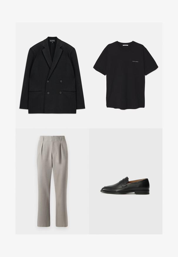 Crni dvoredni sako s reverima, četiri gumba i dvije prednje džepne čiste, položen ravno na bijeloj pozadini.; Crna pamučna majica s okruglim izrezom, kratkim rukavima i bijelim logotipom otisnutim na lijevoj strani prsnog koša. Jednostavan dizajn u jednoj boji.; Sive odijelo hlače s glatkom teksturom, s prednjim nabranicama, petljama za pojas i ravnim nogavicama. Materijal izgleda čvrsto i lagano.; Crni kožni loafer s okruglim vrhom, suptilnim šavovima i niskim petama, s glatkom teksturom i minimalističkim dizajnom.