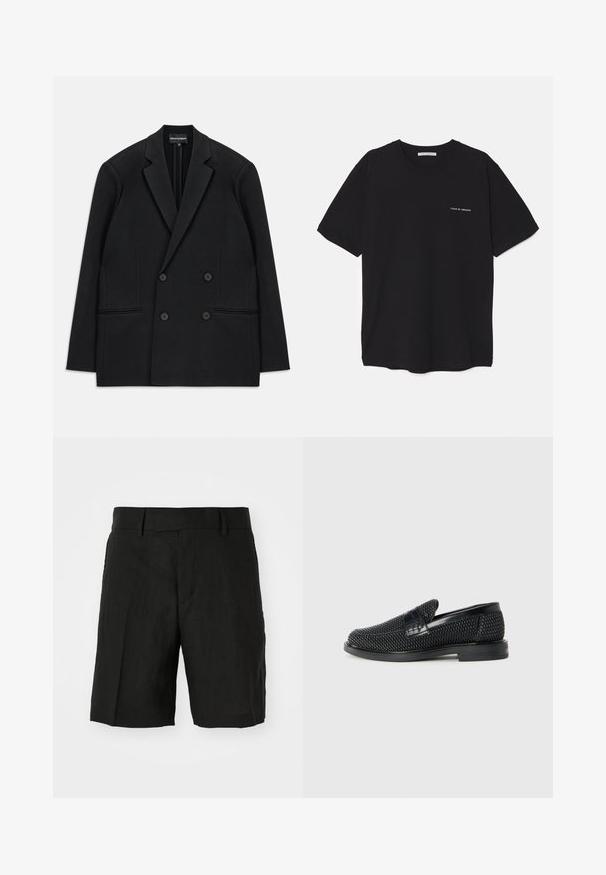 Blazer negro de doble botonadura con solapas de muesca, cuatro botones y dos bolsillos de ojal delanteros, dispuesto en plano sobre un fondo blanco.; Camiseta de algodón negra con cuello redondo, mangas cortas y un estampado de logo blanco en el lado izquierdo del pecho. Diseño simple y de color sólido.; Pantalones cortos de lino negro con un corte relajado, que cuentan con un diseño plano en la parte frontal, bolsillos en los lados y un acabado a media longitud. Textura ligera visible.; Zapato negro de tejido con un acento de cuero suave en la parte superior, diseño de punta redonda y suela de goma de perfil bajo.