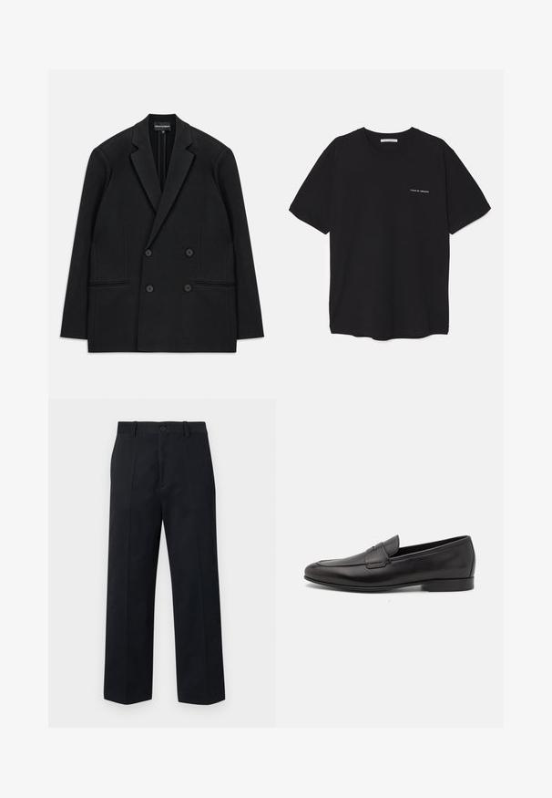 Blazer negro de doble botonadura con solapas de muesca, cuatro botones y dos bolsillos de ojal delanteros, dispuesto en plano sobre un fondo blanco.; Camiseta de algodón negra con cuello redondo, mangas cortas y un estampado de logo blanco en el lado izquierdo del pecho. Diseño simple y de color sólido.; Pantalones negros con corte recto, hechos de una tela sólida. Cuentan con cierre de botón, trabillas para el cinturón y dos bolsillos delanteros. Diseño limpio y minimalista.; Mocasín negro de cuero para hombres con un tacón bajo y un diseño clásico de cinta para monedas, mostrado en perfil lateral sobre un fondo blanco.