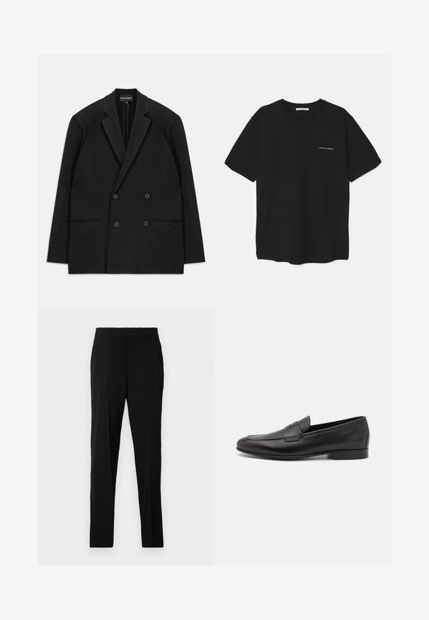 Blazer noir à double boutonnage avec revers à cran, quatre boutons et deux poches plaquées à l'avant, posé à plat sur un fond blanc.; T-shirt en coton noir avec un col rond, des manches courtes et un logo blanc imprimé sur la poitrine gauche. Design simple, couleur unie.; Pantalons noirs en tissu lisse, avec une coupe droite, des passants de ceinture, une fermeture éclair et des poches latérales pour la fonctionnalité.; Mocassin pour homme en cuir noir avec un petit talon et un design classique à lanière penny, présenté en profil sur fond blanc.