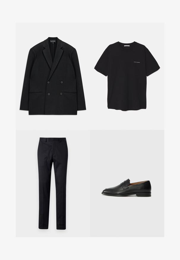 Crni dvoredni sako s reverima, četiri gumba i dvije prednje džepne čiste, položen ravno na bijeloj pozadini.; Crna pamučna majica s okruglim izrezom, kratkim rukavima i bijelim logotipom otisnutim na lijevoj strani prsnog koša. Jednostavan dizajn u jednoj boji.; Crne ravne hlače izrađene od glatke tkanine, s ravnim prednjim dijelom, petljama za remen i uredno pletenim naborima.; Crni kožni loafer s okruglim vrhom, suptilnim šavovima i niskim petama, s glatkom teksturom i minimalističkim dizajnom.