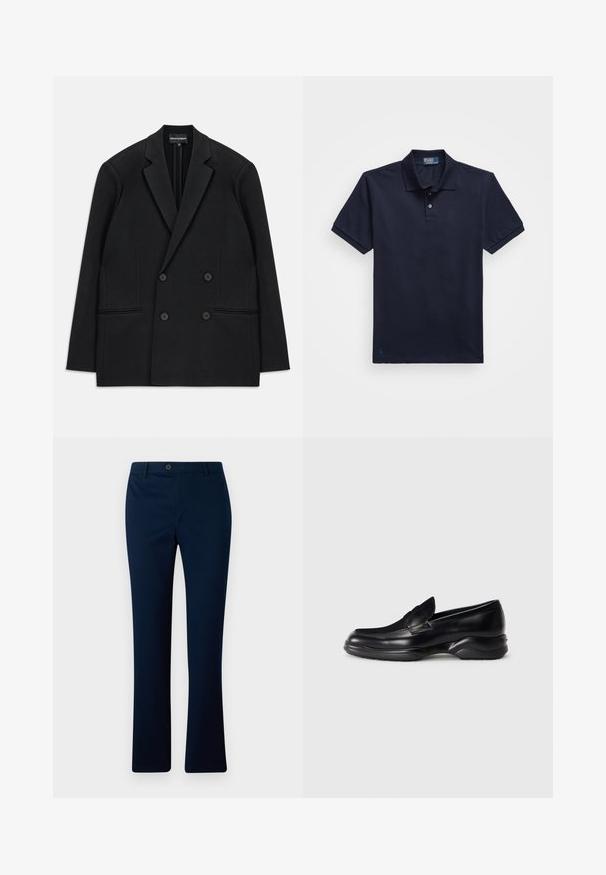Schwarzer, doppelt geknöpfter Blazer mit geflammten Revers, vier Knöpfen und zwei vorderen Paspeltaschen, flach auf einem weißen Hintergrund ausgelegt.; Dunkelblaues Poloshirt aus strukturiertem Stoff mit einer Knopfleiste mit zwei Knöpfen und einem kleinen gestickten Logo am Saum. Kurze Ärmel.; Marineblaue Hose mit geradem Schnitt, ausgestattet mit einem einzelnen Knopfverschluss vorne und Gürtelschlaufen, aus einem glatten Gewebe gefertigt.; Schwarze Lederloafer mit einer niedrigen, strukturierten Gummisohle und einem gestickten Design auf dem Obermaterial. Sie haben eine abgerundete Zehenpartie und minimalen Verzierungen.