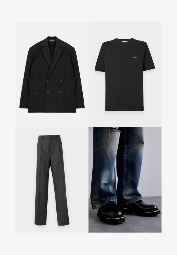 Blazer nero doppiopetto con rever a punta, quattro bottoni e due tasche a filetto frontali, steso su uno sfondo bianco.; T-shirt nera in cotone con scollatura tonda, maniche corte e un piccolo logo bianco "TIGER OF SWEDEN" sul petto. Vestibilità classica.; Pantaloni grigi su misura realizzati in tessuto strutturato, con due pieghe frontali e un design a gamba dritta. Nessuna tasca o decorazione visibile.; Scarpe in pelle nera con finitura lucida, dotate di una suola spessa e una striscia bianca. Indossate con pantaloni in denim blu usurati che mostrano leggeri segni di sbiadimento.