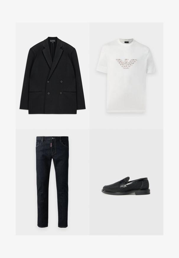 Black double-breasted blazer with notch lapels, four buttons, and two front welt pockets, laid flat on a white background.; White cotton t-shirt with short sleeves and a crew neckline. Features a central logo design in pink and brown shades.; Dark blue denim jeans with a slim fit, featuring a button closure, five pockets, and contrasting yellow stitching on the seams.; Black woven slip-on shoe with a smooth leather accent on the upper, a round toe design, and a low-profile rubber sole.