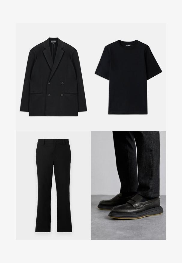 Black double-breasted blazer with notch lapels, four buttons, and two front welt pockets, laid flat on a white background.; Black cotton t-shirt with a crew neck and short sleeves. Features subtle logo embroidery on the left chest. Flat, smooth texture.; Black flared trousers made of cotton blend fabric, featuring a button closure, belt loops, and a smooth texture with no visible patterns.; The Antipode COLLEGE - Slip-ons - black