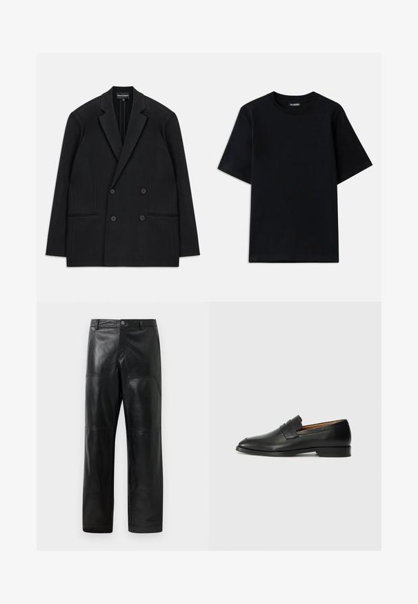 Črni dvoredni suknjič z odrezanimi klapnicami, štirimi gumbi in dvema sprednjima žepoma, razporejen na beli podlagi.; Črna bombažna majica s kratkimi rokavi in krožnim izrezom. Ima diskreten vezen logotip na levem prsnem predelu. Ravna, gladka tekstura.; Črne usnjene hlače s ravnim krojem, ki vključujejo vidne šivarske detajle, stranske žepe in klasičen pas z gumbom.; Črne usnjene loferice z zaobljenim prstom, subtilnim šivanjem in nizkim petam, ki se odlikujejo po gladki teksturi in minimalističnem oblikovanju.