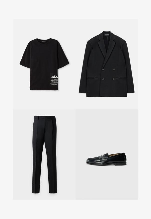Melna divrindas žakete ar izgrieztiem elkoņiem, četriem pogām un divām priekšējām kabatām, izklāta uz baltas fona.; Melna pārmēra T-krekls, kas izgatavots no kokvilnas, ar īsām piedurknēm, apaļu kakla izgriezumu un etiķeti ar baltu tekstu sānu kabatā.; Melni formāli bikses, kas izgatavotas no gludas auduma, ar taisnu kāju dizainu, priekšējām kroku detaļām un parastu jostasvietu bez rotājumiem.; Melnas ādas loafer kurpes ar teksturētu virsmu, pītas akcentiem un gludu apdari. Zems papēdis un minimālisma dizains.