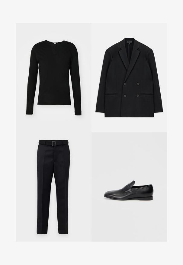 Mustrist kellega kahe nööbiga bleiser, millel on (š)lõhikogupist. Empooris on neli nööpi ja kaks eesmine ideide tasku, asetatud valge tausta peale.; Tiger of Sweden JASPAH - Pikkade varrukatega topp - black; Mustad mustad püksid on valmistatud siledast kangast, sirgelt lõigatud ja beldiga vöökoht, millel on ristkülikukujuline pandla. Märkimisväärsed esisellukid täiustavad disaini.; Must musta libisemisega king, millel on terav varvas, sile tekstuur ja tagasihoidlik bränding küljel. Madal konts puhta ja minimalistliku disainiga.