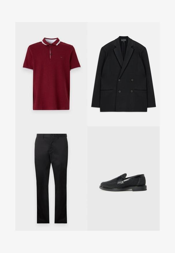 Mustrist kellega kahe nööbiga bleiser, millel on (š)lõhikogupist. Empooris on neli nööpi ja kaks eesmine ideide tasku, asetatud valge tausta peale.; Burgundia puuvillane polo särk, millel on valgete triipudega krae, kolme nööbiga avamine, lühikesed varrukad ja väike logo rinnal.; Mustad puuvillased püksid sirge jala disainiga, millel on ees nööp sulgemine ja küljetaskud, sile tekstuur, nähtavad mustrid puuduvad.; Must musta kootud slip-on king, millel on pehme nahast accent ülaserval, ümmargune varvas ja madal profiiliga kummitald.