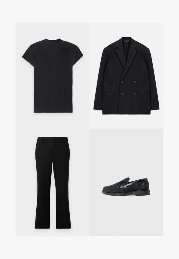 Juodas dvigubas švarkas su išpjautomis apykaklėmis, keturiais mygtukais ir dviem priekinių kišenių iškarpomis, padėtas ant balto fono.; Won Hundred CREED - Viršus - black; Juodos plačios kelnės, pagamintos iš medvilnės mišinio, su mygtukų uždarymu, diržo kilpomis ir lygia tekstūra be matomų raštų.; Juodas pintas slip-on tipo batelis su lygiu odiniu akcentu viršuje, apvalios nosies dizainas ir žemas guminis padas.