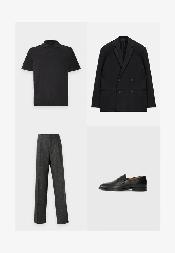 Černé dvouřadové sako s klopami, čtyřmi knoflíky a dvěma předními kapsami s lemem, položené na bílém pozadí.; Černé polo tričko z hladké tkaniny, s klasickým límcem a zapínáním na tři knoflíky. Krátké rukávy a uvolněný střih.; Šedé kalhoty na míru vyrobené z texturované tkaniny, s dvěma předními záhyby a rovnými nohavicemi. Bez viditelných kapes nebo ozdob.; Černé kožené mokasíny s kulatou špičkou, jemným prošíváním a nízkým podpatkem, s hladkým povrchem a minimalistickým designem.