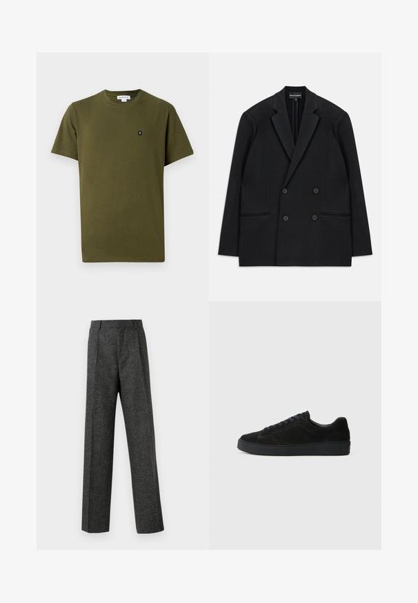 Čierny dvojradový blazer s klopovými reverzami, štyrmi gombíkmi a dvoma prednými vreckami, ležiaci na bielom pozadí.; Olivovo zelené bavlnené tričko s okrúhlym výstrihom a krátkymi rukávmi. Obsahuje malý čierny emblém na ľavej strane hrude. Jednoduchá textúra.; Sivé úzke nohavice z textúrovanej látky, s dvoma prednými skladmi a rovnými nohavicami. Bez viditeľných vreciek alebo ozdôb.; Čierne semišové tenisky s plochou, textúrovanou podrážkou, zaoblenou špičkou, šiestimi očkami na šnúrky a minimalistickým dizajnom.