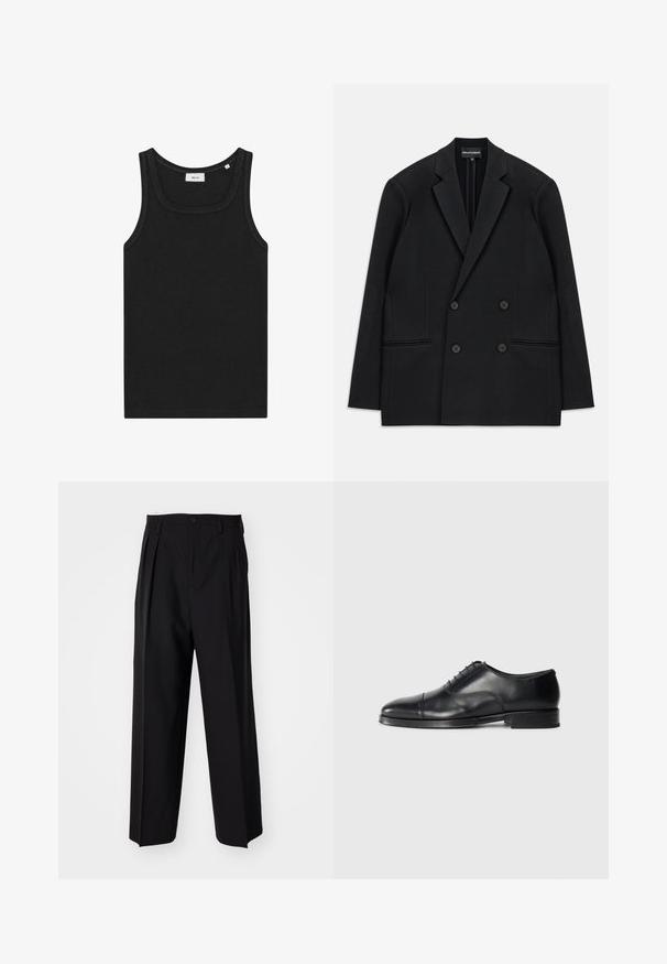 Black double-breasted blazer with notch lapels, four buttons, and two front welt pockets, laid flat on a white background.; Black sleeveless tank top made of soft fabric. Features a rounded neckline and clean edges, with a simple design and no visible logos.; Black pleated trousers with a straight, wide-leg design. Made from smooth fabric, featuring a button closure and belt loops.; Black leather dress shoe with a rounded toe, smooth texture, lace-up design, and a subtle seam detail, featuring a low, flat heel.