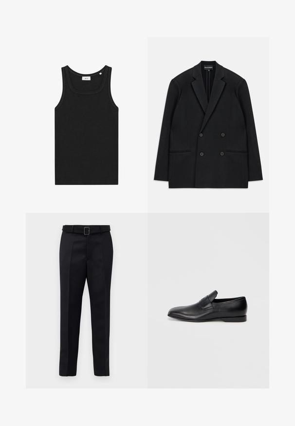 Černé dvouřadové sako s klopami, čtyřmi knoflíky a dvěma předními kapsami s lemem, položené na bílém pozadí.; Černá bezrukávová tílko vyrobené z měkké látky. Má kulatý výstřih a čisté okraje, s jednoduchým designem a bez viditelných log.; Černé oblekové kalhoty mají hladkou tkaninu, rovný střih a pas s opaskem a obdélníkovou sponou. Výrazné přední záhyby zvýrazňují design.; Černá kožená slip-on obuv s špičatou špičkou, hladkou texturou a jemným logem na boku. Nízký podpatek s čistým, minimalistickým designem.