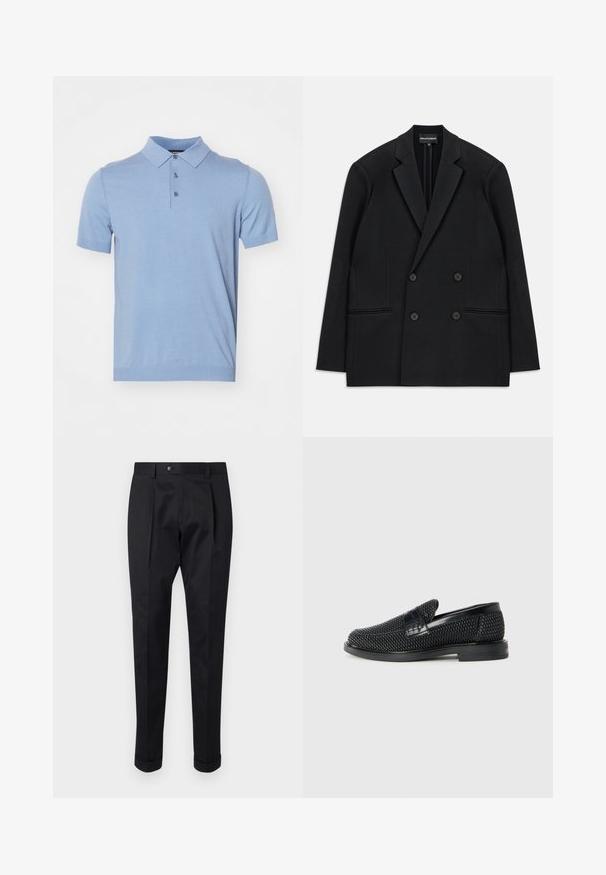 Blazer preto de corte duplo com lapelas de pico, quatro botões e dois bolsos frontais, colocado em plano sobre um fundo branco.; Polo azul claro feito de um tecido de malha suave, com colarinho, três botões e mangas curtas. Sem padrões ou detalhes visíveis.; Calças pretas feitas de um tecido suave, com um vinco na frente, fechamento com botão e punhos dobrados no tornozelo.; Sandalha preta entrelaçada com um accento de couro liso na parte superior, design de biqueira redonda e sola de borracha de perfil baixo.