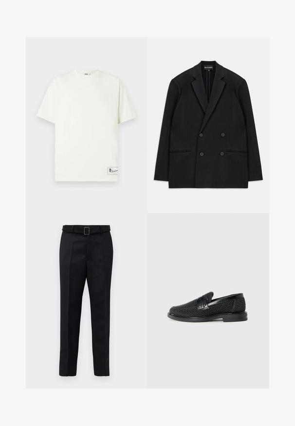 Crni dvoredni sako s reverima, četiri gumba i dvije prednje džepne čiste, položen ravno na bijeloj pozadini.; Bijela pamučna majica s okruglim izrezom, kratkim rukavima i kvadratnom etiketom u donjem lijevom kutu s logotipom. Glatka tekstura, ležeran dizajn.; Crne krojene hlače imaju glatku tkaninu, ravni kroj i struk s remenom koji ima pravokutnu kopču. Istaknute prednje nabore dodatno unapređuju dizajn.; Crne pletene cipele bez pertli s glatkim kožnim naglaskom na gornjem dijelu, s dizajnom okruglog nosa i niskoprofilnom gumenom đonom.