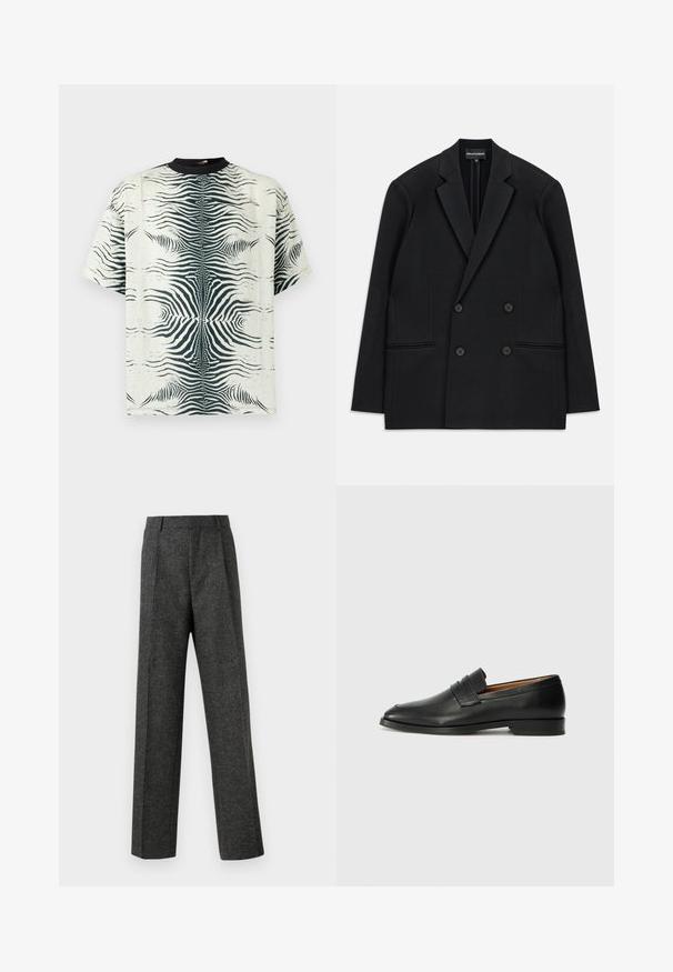 Black double-breasted blazer with notch lapels, four buttons, and two front welt pockets, laid flat on a white background.; Short-sleeve T-shirt in a cream fabric with a black zebra stripe pattern, featuring a crew neckline and a relaxed fit.; Gray tailored trousers made of textured fabric, featuring two front pleats and a straight-leg design. No visible pockets or embellishments.; Black leather loafer with a rounded toe, subtle stitched detailing, and a low heel, featuring a smooth texture and minimalist design.