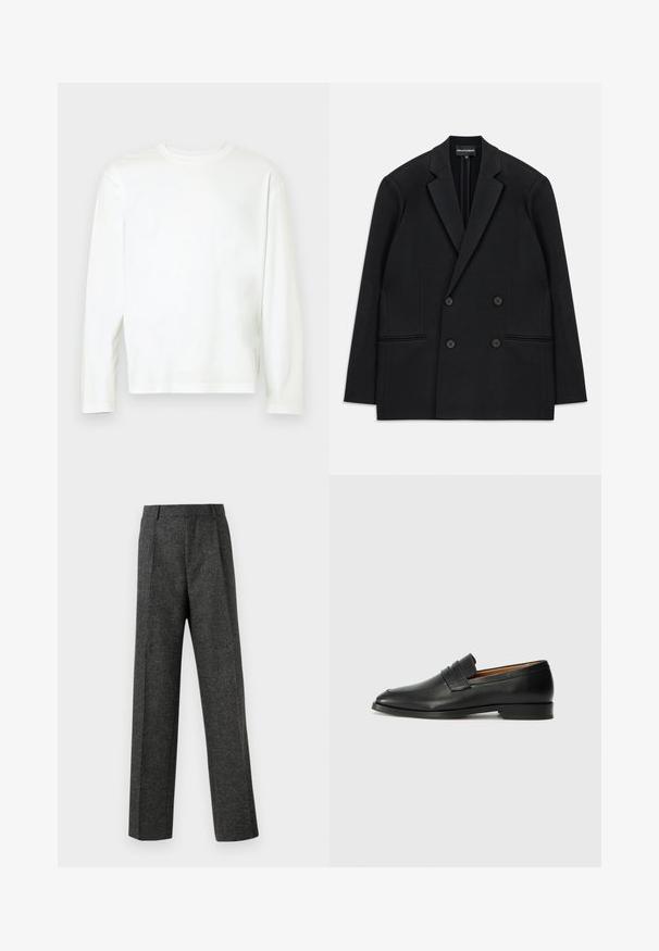 Blazer nero doppiopetto con rever a punta, quattro bottoni e due tasche a filetto frontali, steso su uno sfondo bianco.; T-shirt bianco a maniche lunghe in morbido cotone, con scollatura rotonda, spacchi laterali e vestibilità comoda. Tessuto liscio, senza motivi o dettagli.; Pantaloni grigi su misura realizzati in tessuto strutturato, con due pieghe frontali e un design a gamba dritta. Nessuna tasca o decorazione visibile.; Mocassino in pelle nera con punta arrotondata, dettagli cuciti sottili e tacco basso, caratterizzato da una texture liscia e un design minimalista.