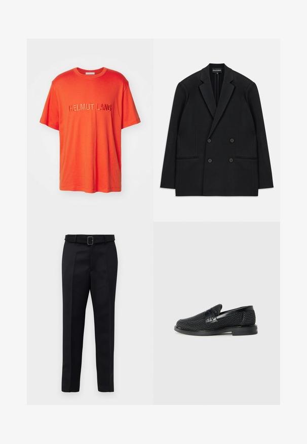Schwarzer, doppelt geknöpfter Blazer mit geflammten Revers, vier Knöpfen und zwei vorderen Paspeltaschen, flach auf einem weißen Hintergrund ausgelegt.; Orange Baumwoll-T-Shirt mit gesticktem Text "HELMUT LANG" auf der Vorderseite. Kurze Ärmel und runder Halsausschnitt.; Schwarze maßgeschneiderte Hosen aus glattem Stoff, mit geradem Schnitt und einem Bund mit rechteckiger Schnalle. Auffällige Frontfalten betonen das Design.; Schwarzer geflochtener Slipper mit einem glatten Lederakzent im Obermaterial, einem runden Zehendesign und einer flachen Gummisohle.