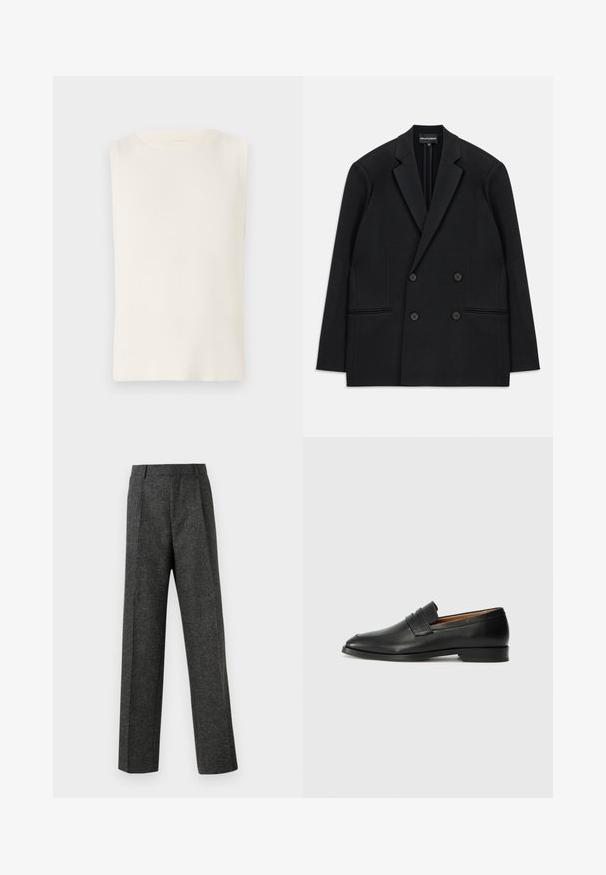 Fekete, kétsoros blézer, ovális hajtókákkal, négy gombbal és két elülső zsebel, fehér háttéren fekve.; Ujjatlan, fehér bordás felső, kerek nyakkal, sima textúrával és testhez álló fazonnal, alkalmas hétköznapi viseletre.; Szürke, texturált anyagból készült, szabott nadrág, két elülső pliszével és egyenes lábbal. Nincsenek látható zsebek vagy díszítések.; Fekete bőr mokaszin, kerek orral, diszkrét varrásokkal és alacsony sarokkal, sima felülettel és minimalista dizájnnal.