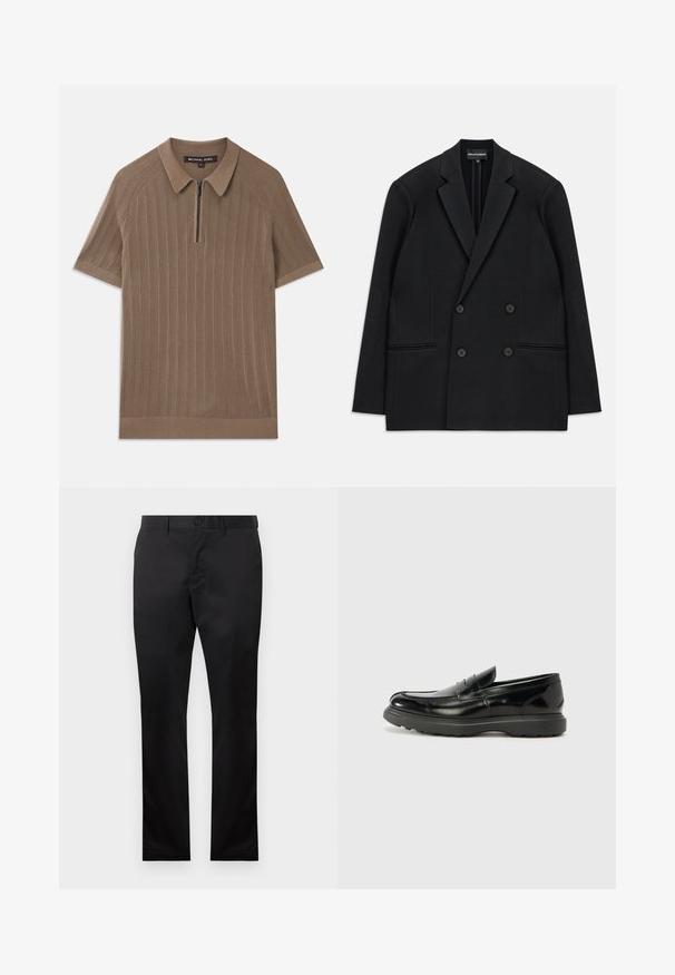 Blazer nero doppiopetto con rever a punta, quattro bottoni e due tasche a filetto frontali, steso su uno sfondo bianco.; Polo shirt corto a maniche corte in maglia a coste marrone, con colletto e mezza zip frontale, etichettato Michael Kors, taglia media.; Pantaloni in cotone neri con un design a gamba dritta, dotati di chiusura frontale con bottone e tasche laterali, texture liscia, senza motivi visibili.; Mocassino in pelle nera con finitura lucida, punta arrotondata, dettagli di cucitura sottili e suola in gomma spessa per una maggiore durata.
