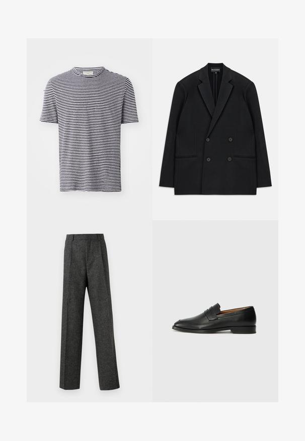 Czarny dwurzędowy żakiet z wyłogami, czterema guzikami i dwiema przednimi kieszeniami, położony na białym tle.; Koszulka z krótkim rękawem, wykonana z bawełny, z okrągłym dekoltem, z naprzemiennymi poziomymi paskami w kolorze granatowym i białym. Prosty, casualowy design.; Szare spodnie o dopasowanym kroju wykonane z teksturowanej tkaniny, z dwoma fałdami z przodu i prostymi nogawkami. Brak widocznych kieszeni i zdobień.; Czarne skórzane mokasyny z zaokrąglonym noskiem, subtelnymi przeszyciami i niskim obcasem, charakteryzujące się gładką teksturą i minimalistycznym designem.