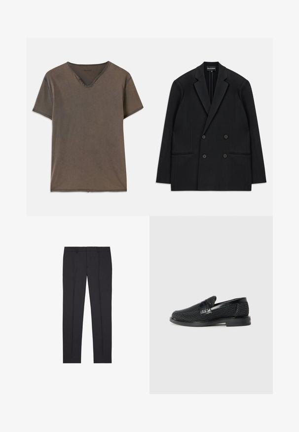 Černé dvouřadové sako s klopami, čtyřmi knoflíky a dvěma předními kapsami s lemem, položené na bílém pozadí.; Hnědé tričko s krátkým rukávem a výstřihem do V, se čtyřmi dekorativními knoflíky blízko krku a kontrastním šitím podél okrajů.; The Kooples Oblekové kalhoty - black; Černé pletené nazouvací boty s hladkým koženým akcentem na svršku, kulatou špičkou a nízkoprofilovou gumovou podrážkou.