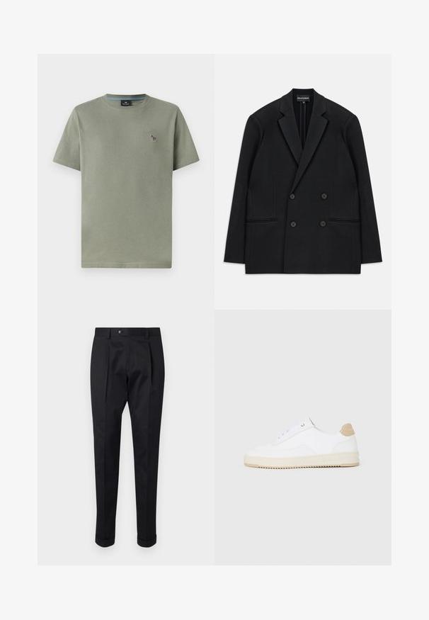 Juodas dvigubas švarkas su išpjautomis apykaklėmis, keturiais mygtukais ir dviem priekinių kišenių iškarpomis, padėtas ant balto fono.; Alyvuogių žalios spalvos medvilninis marškinėliai su apvaliu iškirpimu, trumpomis rankovėmis ir mažai išsiuvinėtu dizainu kairėje krūtinės pusėje. Glotnus audinys, laisvas kirpimas.; Juodos kelnės pagamintos iš lygaus audinio, su raukšle priekyje, mygtuko uždarymu ir suknežintomis rankovėmis ties kulkšnimi.; Baltos žemos sportbačiai su tekstūruota odine viršutinė dalimi, kreminė banguota priekiu ir ruda kulno akcentu. Yra baltos raištelės ir logotipas ant kulno.