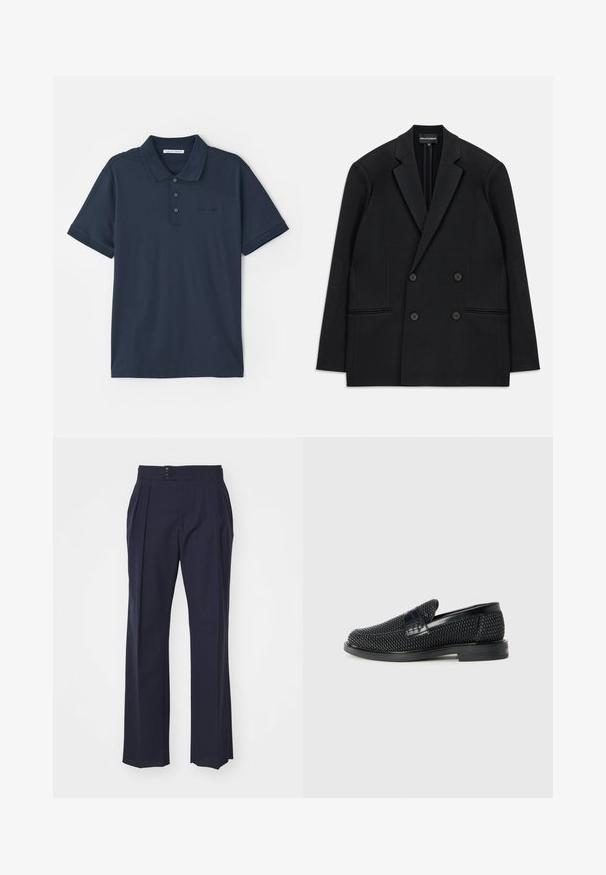 Musta kaksirivinen bleiseri, jossa on sakarat, neljä nappia ja kaksi etutaskua, aseteltuna tasaiseksi valkoiselle taustalle.; T-paita tummansinisestä puuvillasta, jossa on kolme napinläpeä, lyhyet hihat ja huomaamaton logo rinnassa. Laatupinta.; Paul Smith TROUSER - Housut - grey; Musta kudottu liukupohjallinen kenka, jossa on sileä nahkakorostus päällisessä, pyöreä kärki ja matala kumipohja.