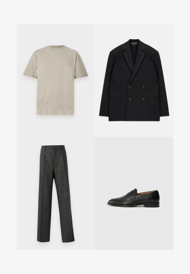 Černé dvouřadové sako s klopami, čtyřmi knoflíky a dvěma předními kapsami s lemem, položené na bílém pozadí.; Světle taupe bavlněné tričko s krátkým rukávem, kulatým výstřihem a malým potiskem loga na levé straně hrudi. Měkká, hladká textura.; Šedé kalhoty na míru vyrobené z texturované tkaniny, s dvěma předními záhyby a rovnými nohavicemi. Bez viditelných kapes nebo ozdob.; Černé kožené mokasíny s kulatou špičkou, jemným prošíváním a nízkým podpatkem, s hladkým povrchem a minimalistickým designem.