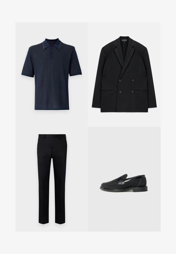 Blazer noir à double boutonnage avec revers à cran, quatre boutons et deux poches plaquées à l'avant, posé à plat sur un fond blanc.; Polo-shirt à manches courtes bleu marine avec une texture côtelée, patte de boutonnage à trois boutons et bordure de col contrastée. Tissu lisse, design classique.; Pantalons noirs en tissu lisse, présentant une coupe droite, un pli devant et des passants de ceinture à la taille. Pas de motifs ni d'accents visibles.; Chaussure slip-on tissée noire avec un accent en cuir lisse sur le dessus, un design à bout rond et une semelle en caoutchouc à profil bas.