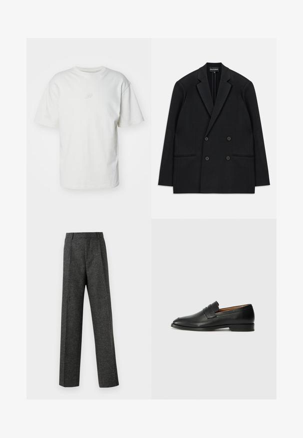 Černé dvouřadové sako s klopami, čtyřmi knoflíky a dvěma předními kapsami s lemem, položené na bílém pozadí.; Bílá bavlněná trička s krátkým rukávem, kulatým výstřihem a jemně vyšitým logem na hrudi ve shodné bílé barvě.; Šedé kalhoty na míru vyrobené z texturované tkaniny, s dvěma předními záhyby a rovnými nohavicemi. Bez viditelných kapes nebo ozdob.; Černé kožené mokasíny s kulatou špičkou, jemným prošíváním a nízkým podpatkem, s hladkým povrchem a minimalistickým designem.