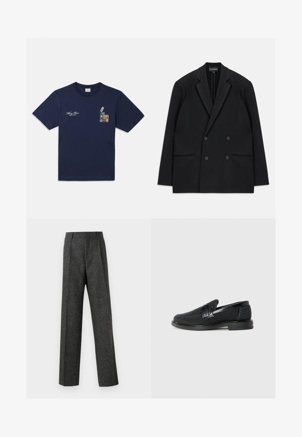 Črni dvoredni suknjič z odrezanimi klapnicami, štirimi gumbi in dvema sprednjima žepoma, razporejen na beli podlagi.; Mornarsko modra bombažna majica s kratkimi rokavi, ki vsebuje grafiko zložljivih kaset in besedilo "Killing Bees" na prsih.; Sive krojene hlače iz teksturirane tkanine, ki imajo dva sprednja nabora in ravno kroj. Brez vidnih žepov ali okrasnih elementov.; Črne pletene zavezane čevlje s gladkim usnjenim poudarkom na zgornjem delu, okroglo zasnovo nosu in nizkoprofilsko gumijasto podplat.